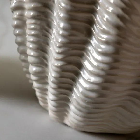 Ribbed Shell Ceramic Vase - White, Ceramic