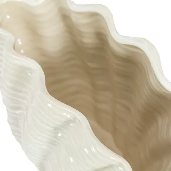 Ribbed Shell Ceramic Vase - White, Ceramic