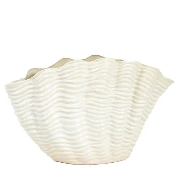Ribbed Shell Ceramic Vase - White, Ceramic