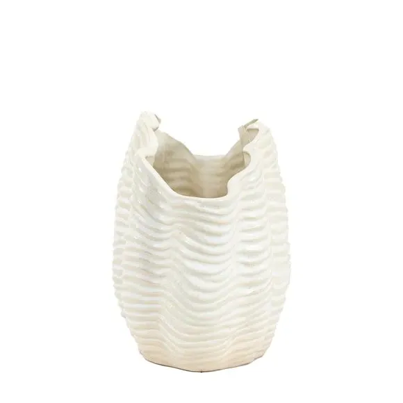 Ribbed Shell Ceramic Vase - White, Ceramic
