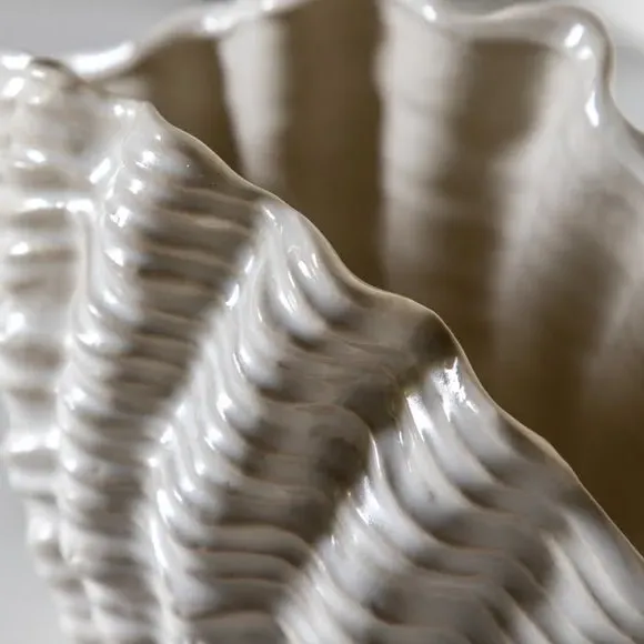 Ribbed Shell Ceramic Vase - White, Ceramic