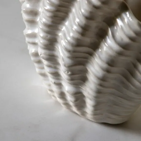 Ribbed Shell Ceramic Vase - White, Ceramic