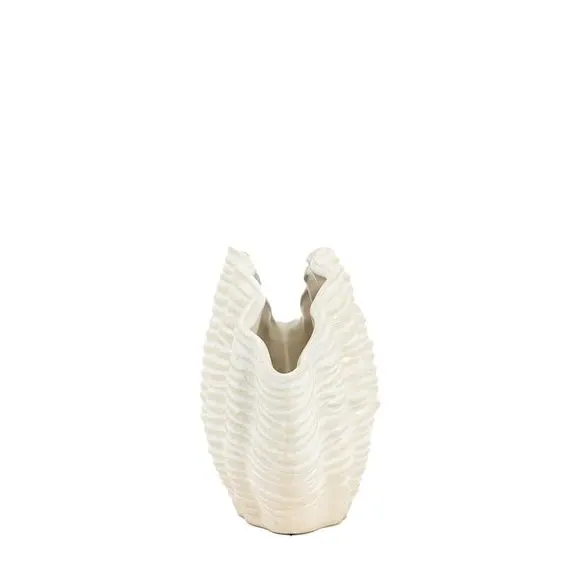 Ribbed Shell Ceramic Vase - White, Ceramic