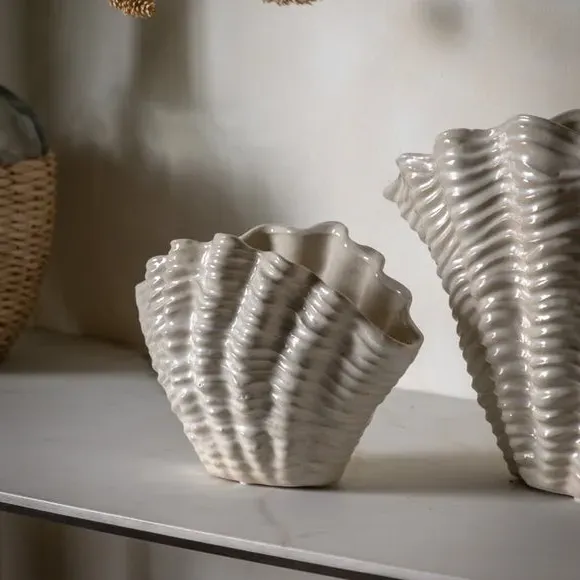 Ribbed Shell Ceramic Vase - White, Ceramic