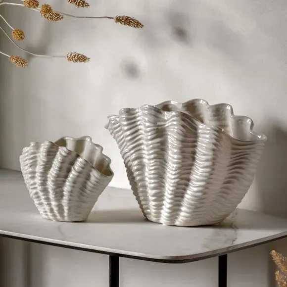 Ribbed Shell Ceramic Vase - White, Ceramic