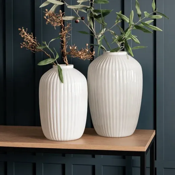 Ridged Glass Vase - White, Opaque Glass