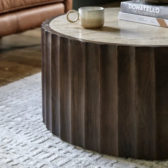 Round Coffee Table with Stone Top - Brown, Mango Wood