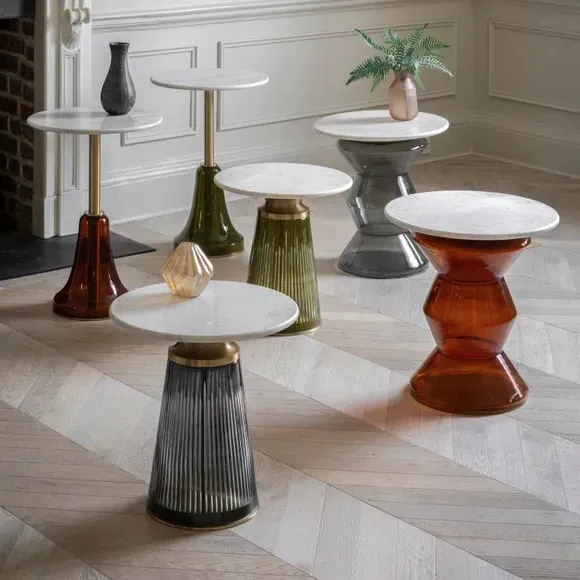 Round Side Table with Glass Base - Blue, Marble