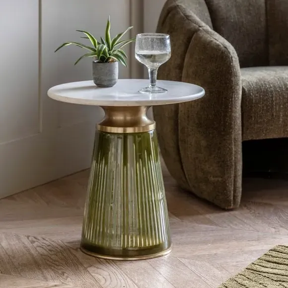 Round Side Table with Glass Base - Gold, Marble