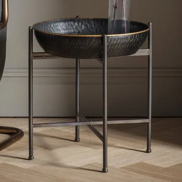 Round Side Table with Hammered Tray - Black, Metal