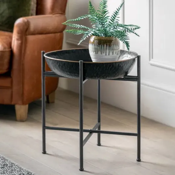 Round Side Table with Hammered Tray - Black, Metal image