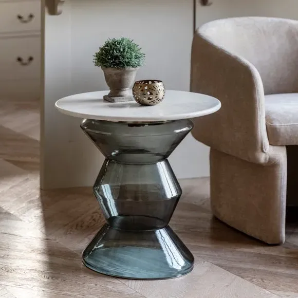 Round Side Table with Marble Top - Clear, Glass image