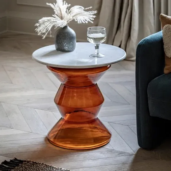 Round Side Table with Marble Top - Orange, Glass