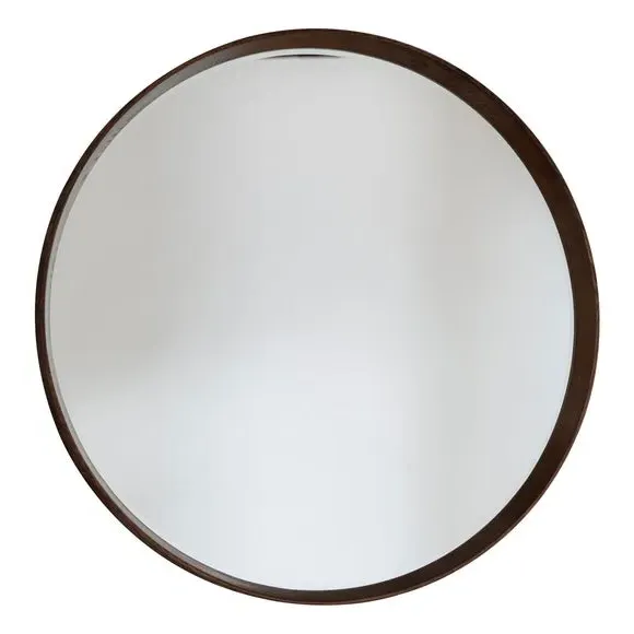 Round Wall Mirror - Brown, Solid Wood