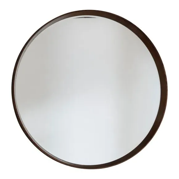 Round Wall Mirror - Brown, Solid Wood
