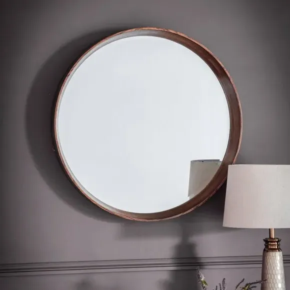 Round Wall Mirror - Brown, Solid Wood