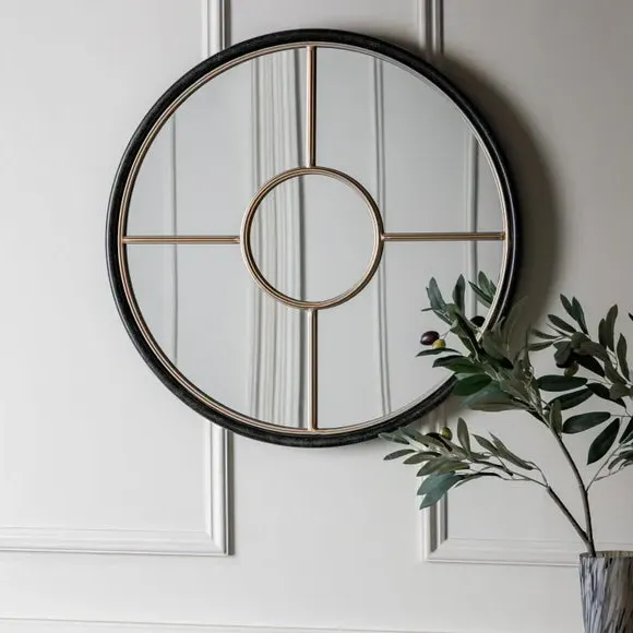 Round Wall Mirror Window Style - Gold