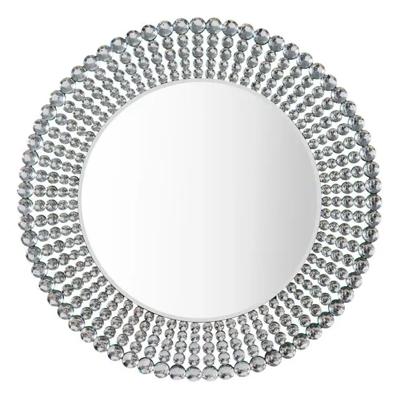 Round Wall Mirror with Jewelled Frame - Silver