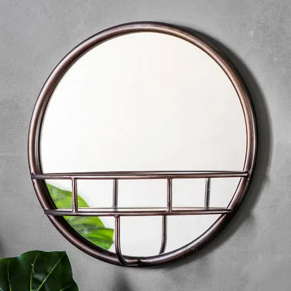 Round Wall Mirror with Shelf - Bronze, Metal image