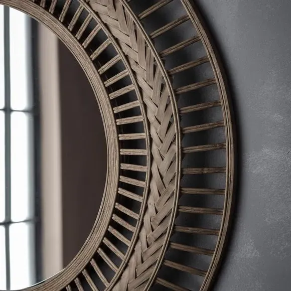 Round Wall Mirror with Wire Design - Grey, Bamboo