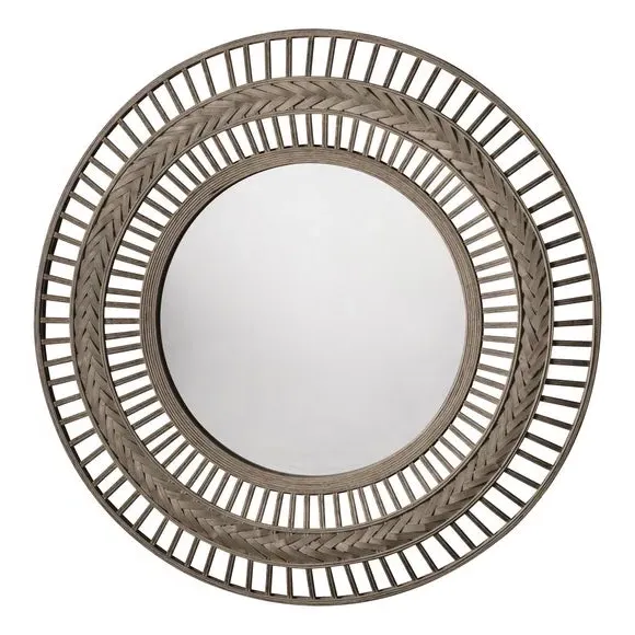 Round Wall Mirror with Wire Design - Grey, Bamboo