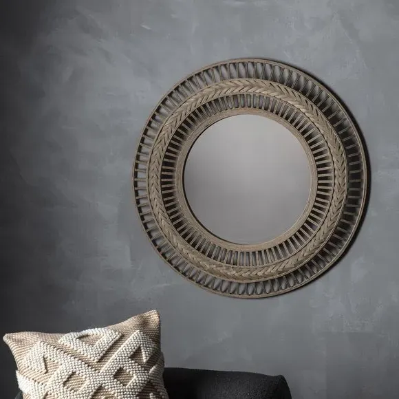 Round Wall Mirror with Wire Design - Grey, Bamboo image