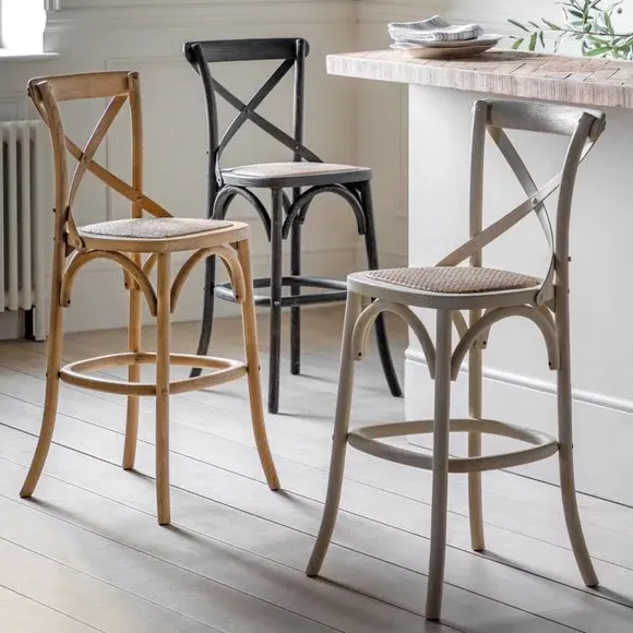 Set of 2 Bar Stools with Cross Back - Black, Rattan