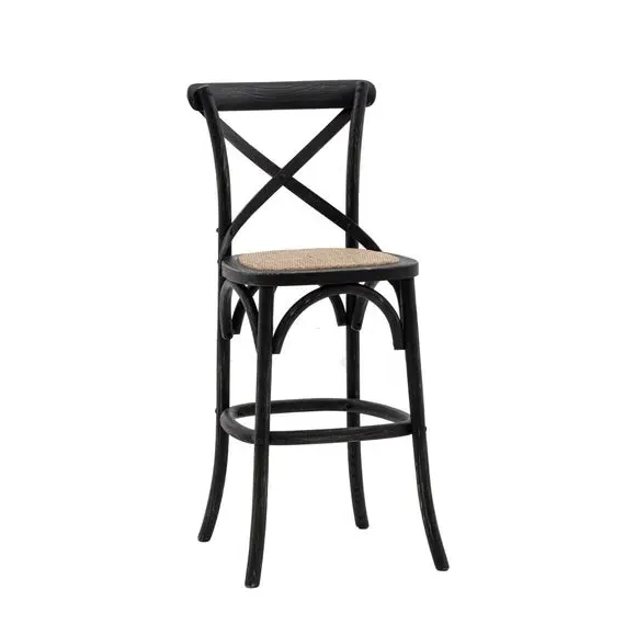 Set of 2 Bar Stools with Cross Back - Black, Rattan