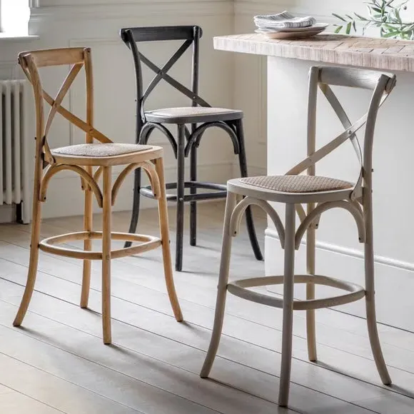 Set of 2 Bar Stools with Cross Back - White, Rattan