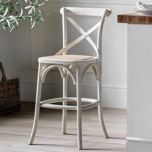 Set of 2 Bar Stools with Cross Back - White, Rattan