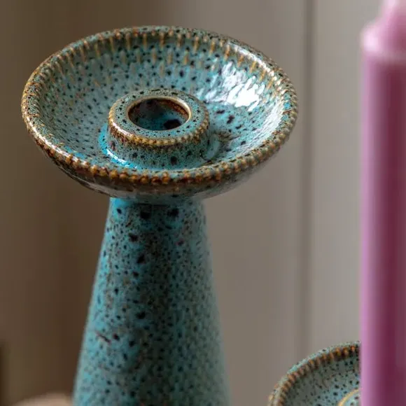 Set of 2 Candlestick Holders - Green, Ceramic