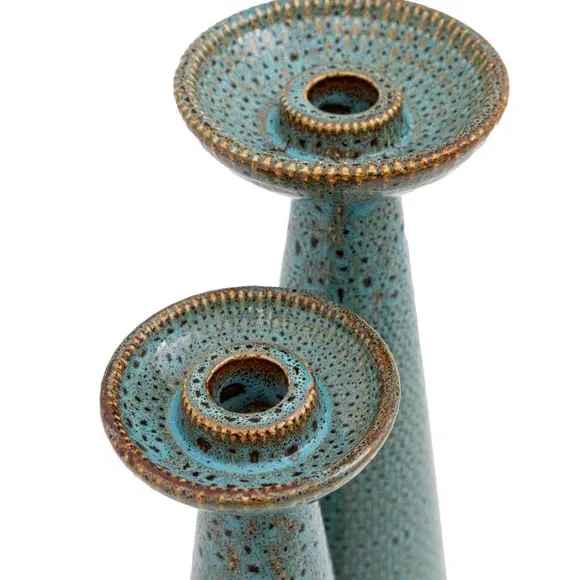 Set of 2 Candlestick Holders - Green, Ceramic
