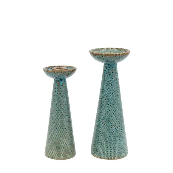 Set of 2 Candlestick Holders - Green, Ceramic