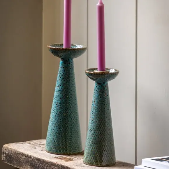Set of 2 Candlestick Holders - Green, Ceramic image
