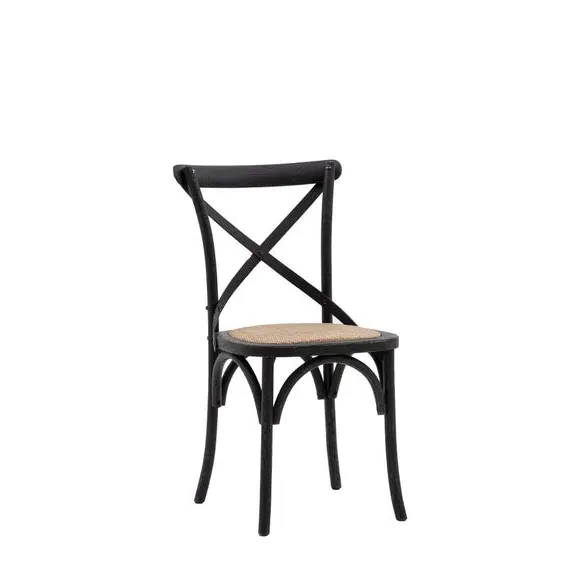 Set of 2 Dining Chairs - Black, Oak & Rattan