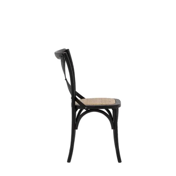 Set of 2 Dining Chairs - Black, Oak & Rattan