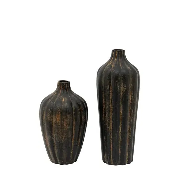 Set of 2 Ribbed Vases - Black, Metal image