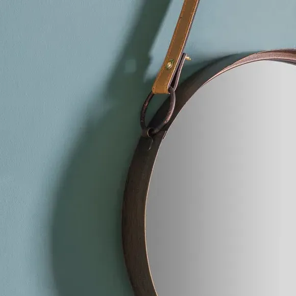 Set of 2 Round Wall Mirrors - Brown, Faux Leather