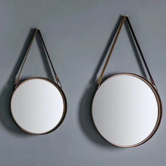 Set of 2 Round Wall Mirrors - Brown, Faux Leather