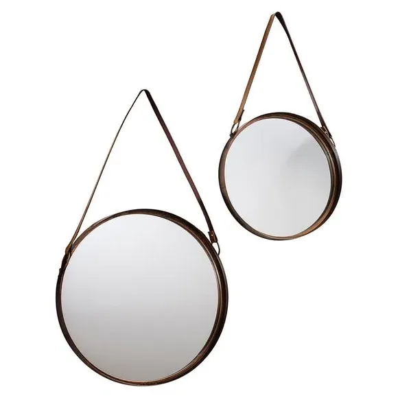 Set of 2 Round Wall Mirrors - Brown, Faux Leather