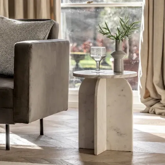 Side Table with Curved Base - White, Marble