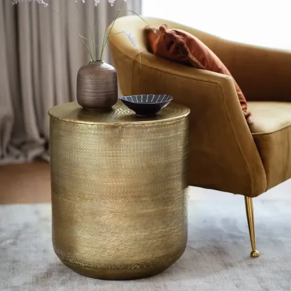 Side Table with Embossed Design - Brass, Metal image
