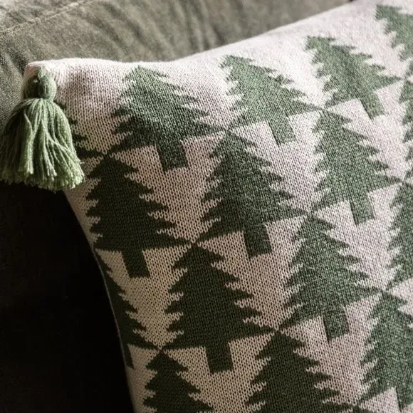 Square Cushion with Pom-Pom Tassels - Green, Knit