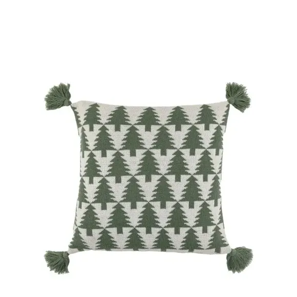 Square Cushion with Pom-Pom Tassels - Green, Knit