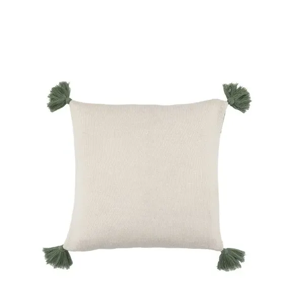 Square Cushion with Pom-Pom Tassels - Green, Knit