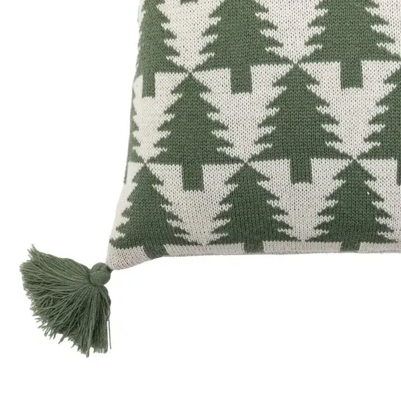 Square Cushion with Pom-Pom Tassels - Green, Knit