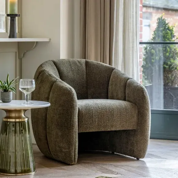 Tub Chair with Vertical Stitching - Green, Fabric