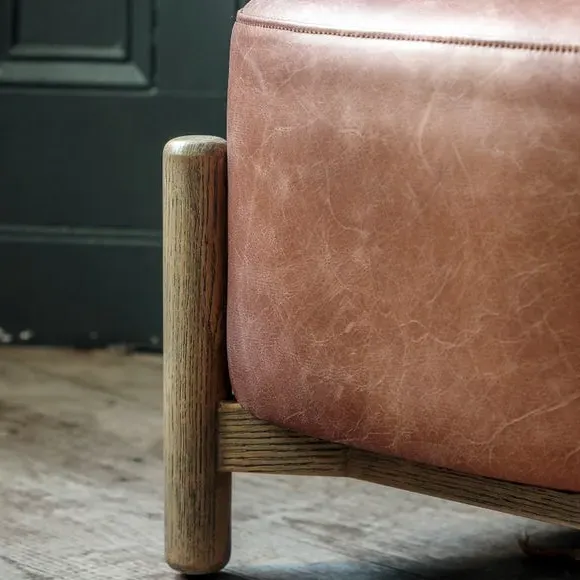 Upholstered Footstool with Wooden Base - Brown, Leather