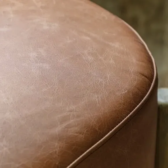 Upholstered Footstool with Wooden Base - Brown, Leather