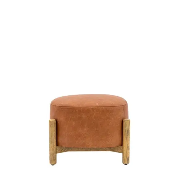 Upholstered Footstool with Wooden Base - Brown, Leather